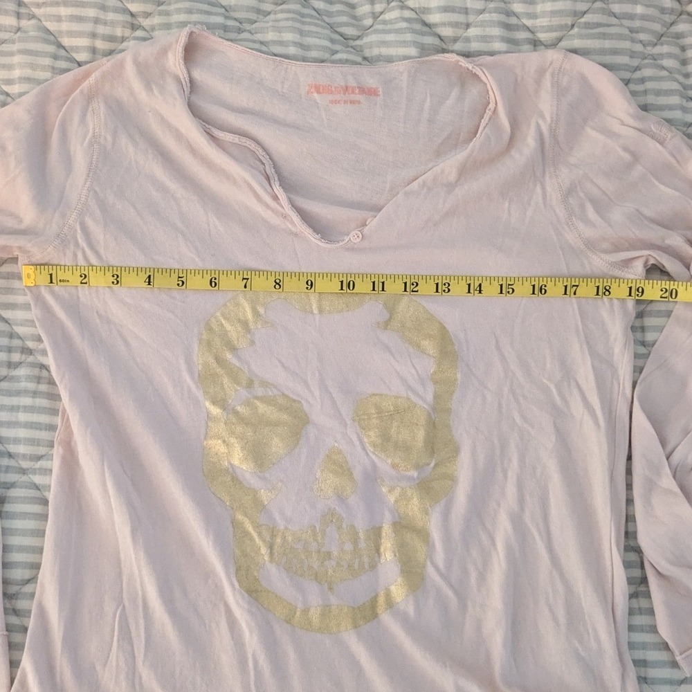 Zadig & Voltaire Tunisien Cotton Gold Skull Print Pink Henley Top Large - Picture 4 of 5